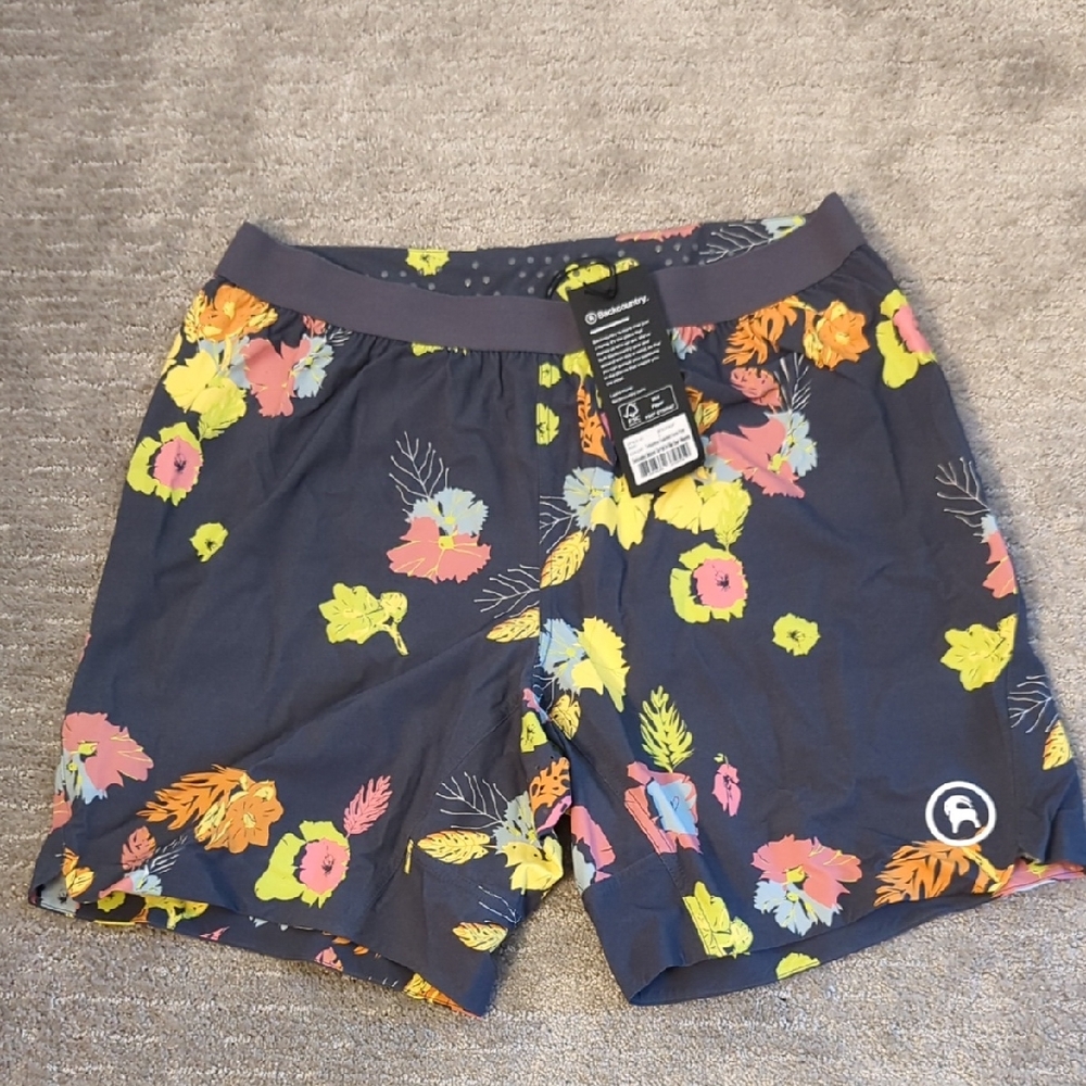 Blue and Yellow Mountain Bike Shorts with Tropical Flair